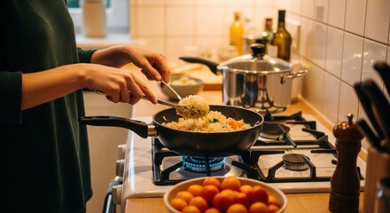 チャーハンを炒めている手元